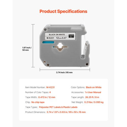 label tape 4-pack 12 mm black on white refill for label printer M-K231