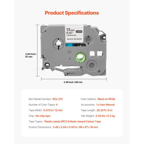 label tape 4-pack 12 mm black on white label tape refill TZe-231