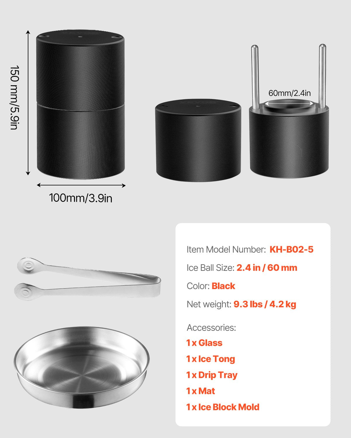 Ice Ball Press Kit, Aviation Aluminum Ice Press with Ice Block Mold, Large Mat, Tong, Drip Tray, One Glass, Round Ice Ball Maker 2.4"/60 mm Ice Sphere, for Whiskey, Cocktail on Party & Holiday