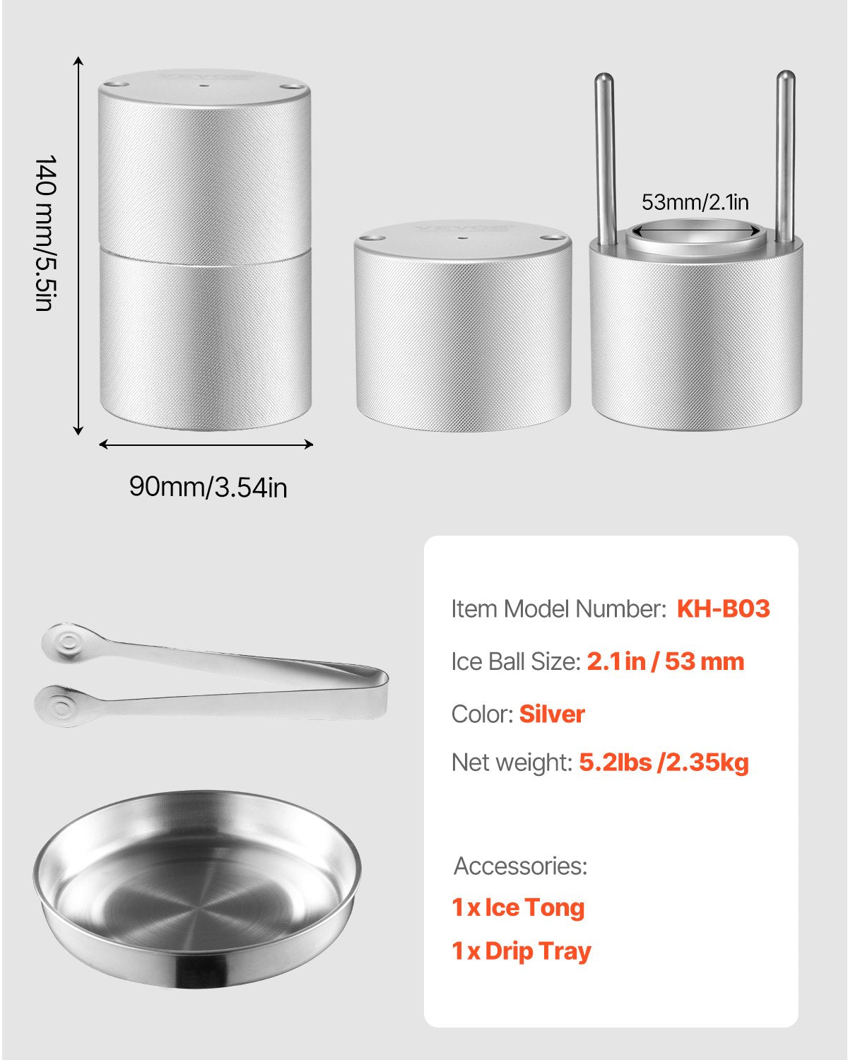 Ice Ball Press, 2.1" Ice Ball Maker, Aviation Aluminum Ice Ball Press Kit for 53mm Ice Sphere, Ice Press with Tong and Drip Tray, for Whiskey, Cocktail, Bourbon, Scot on Party & Holiday
