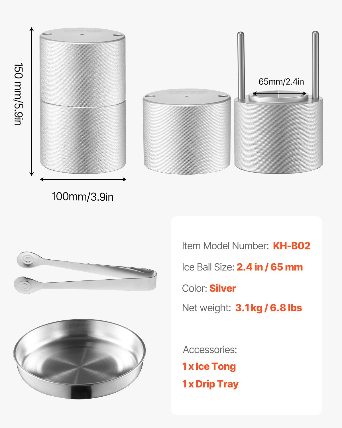 Ice Diamond Press, 2.4" Ice Ball Maker, Aviation Aluminum Diamond Ice Ball Press Kit for Ice Diamond, Ice Press with Tong and Drip Tray, for Whiskey, Cocktail, Bourbon, Scot on Party & Holiday