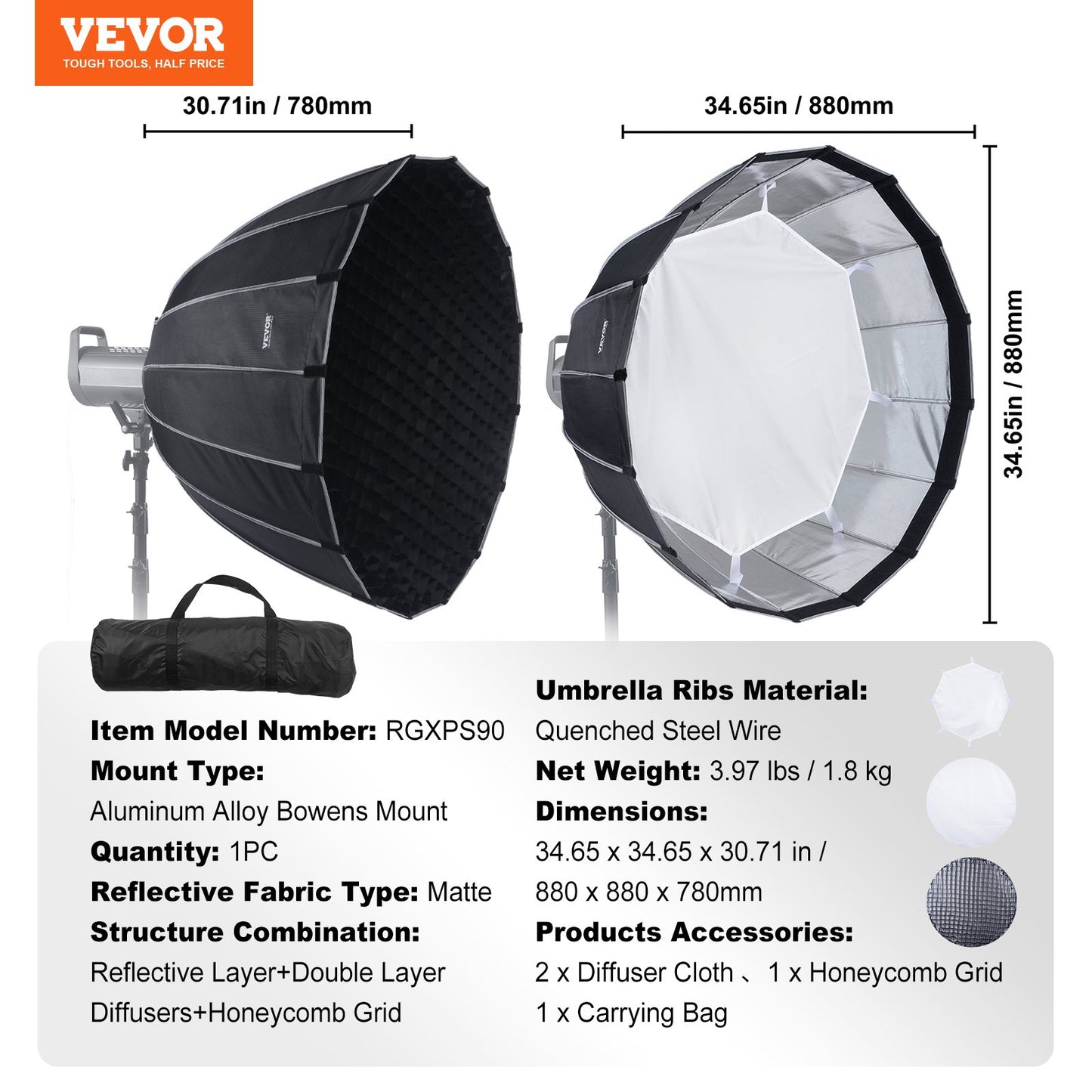 Parabolic Softbox, 33 in / 850 mm, Quick Release and Quick Fold, Lightweight and Portable, Universal Bowens Mount, 4 Lighting Effects, Fits for Professionoal Photography, Daily Filming