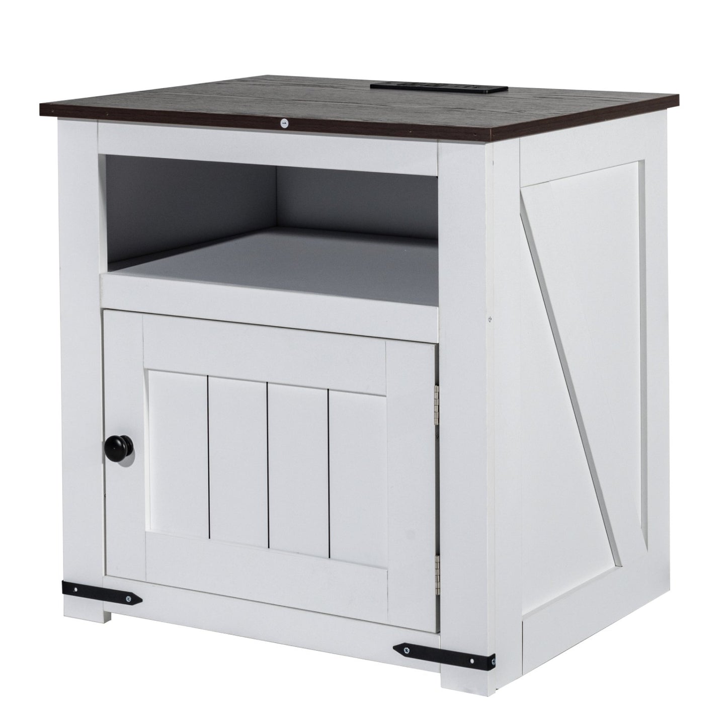 Farmhouse End Table Square Night Stand with USB Ports and Outlets White