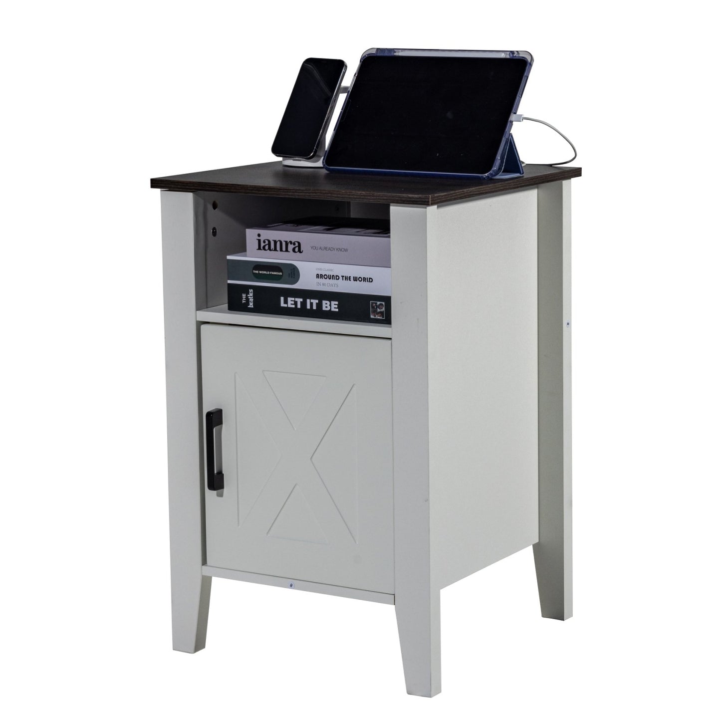 Farmhouse End Table Nightstand with USB Outlet LED Light Set of 2 White