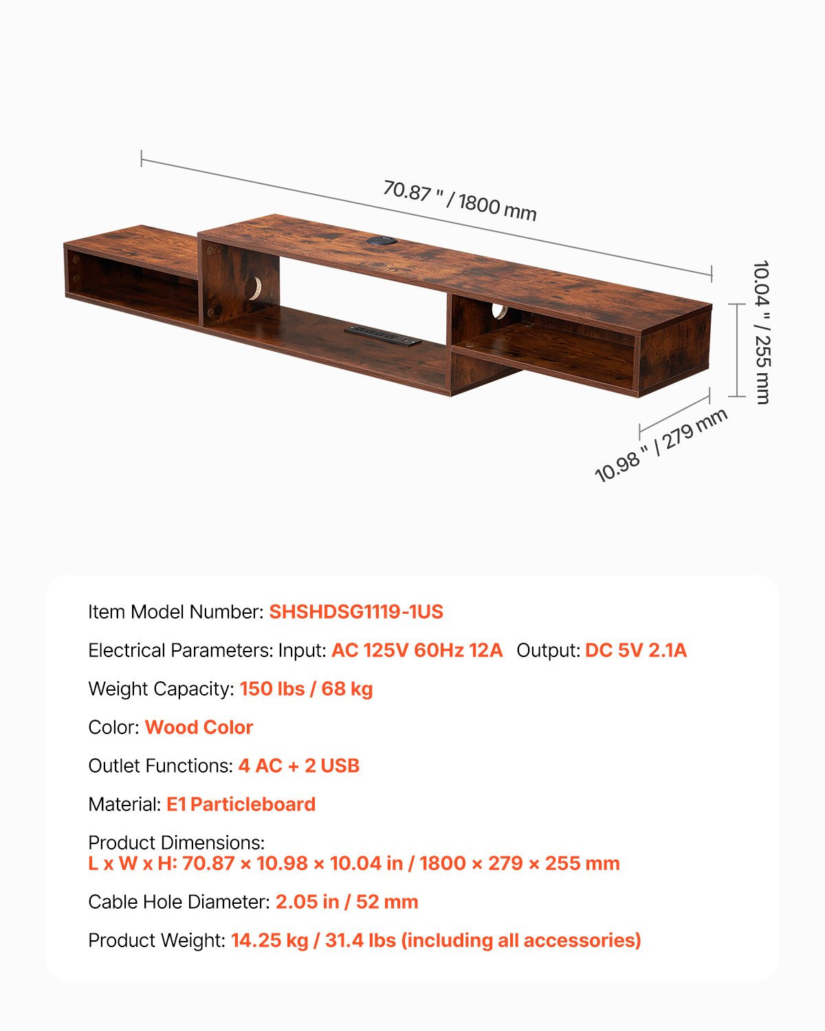 Floating TV Stand, 70" Wall Mount Entertainment Center with Power Outlet & Cable Hole, Modern Floating TV Shelf with Storage Cabinet for DVD Player, Cable Box, Game Console, TV Accessory, Wood