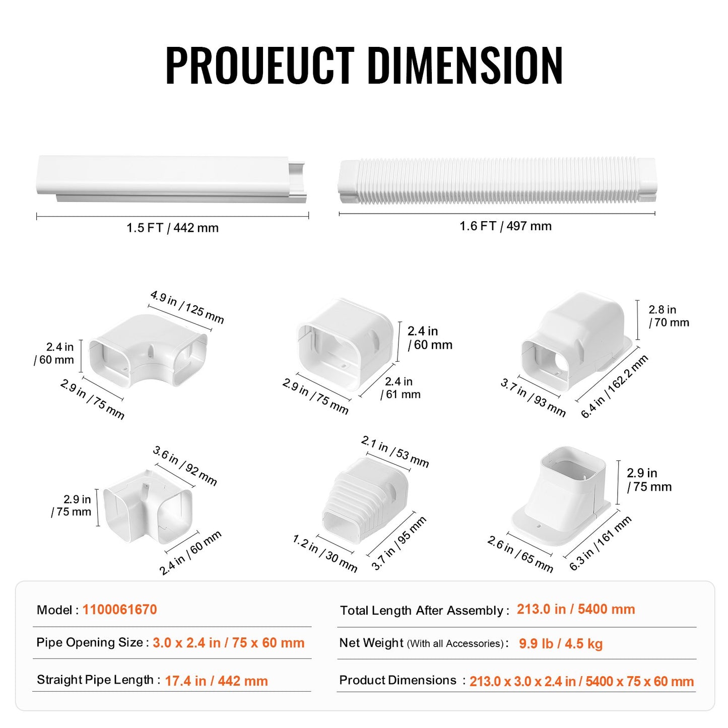 Mini Split Line Set Cover 3-inch W 17.7Ft L, PVC Decorative Pipe Line Cover For Air Conditioner with 10 Straight Ducts & Full Components Easy to Install, Paintable for Heat Pumps, White