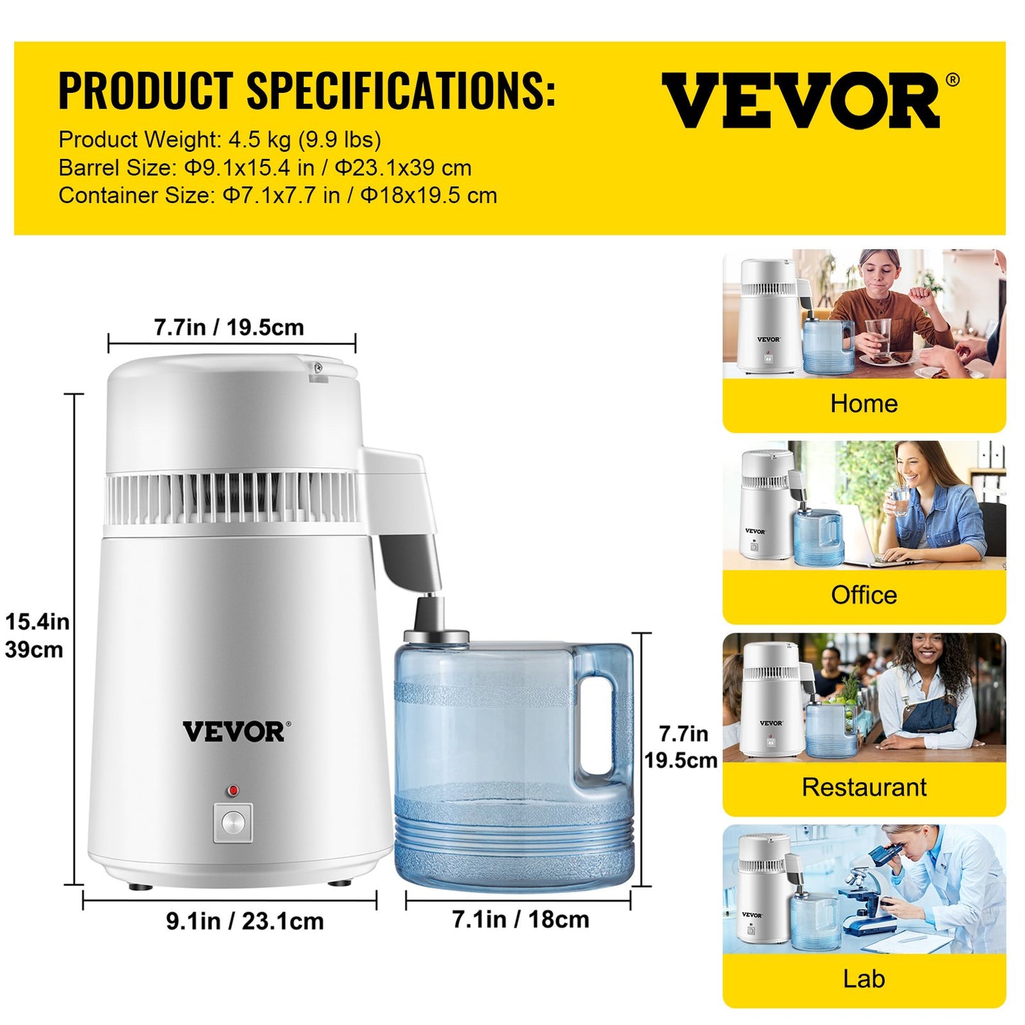 Pure Water Distiller 750W, Purifier Filter Fully Upgraded with Handle 1.1 Gal /4L, BPA Free Container, Perfect for Home Use, White