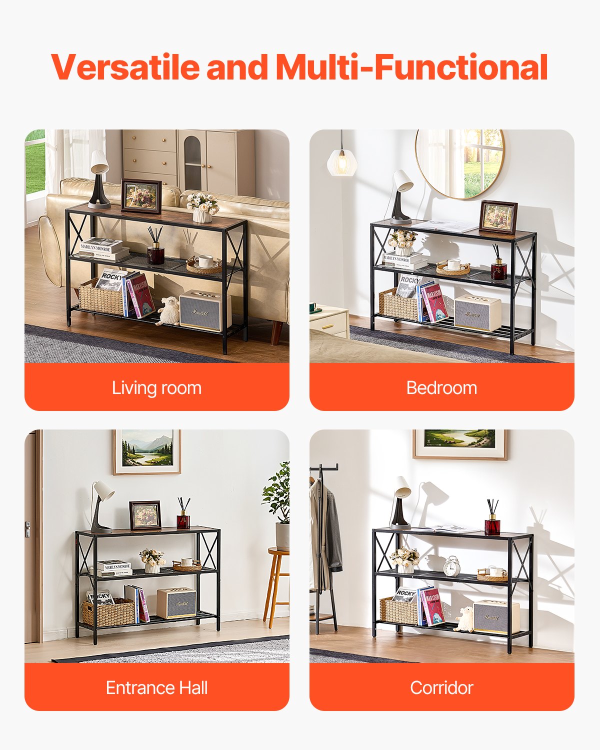 Narrow Console Sofa Table, 41.7 inches Behind Couch Table, 3-Tier Long Entryway Table and Skinny Hallway Table, Narrow Sofa Table with Metal Frame, for Entryway, Hallway, Living Room & Bedroom