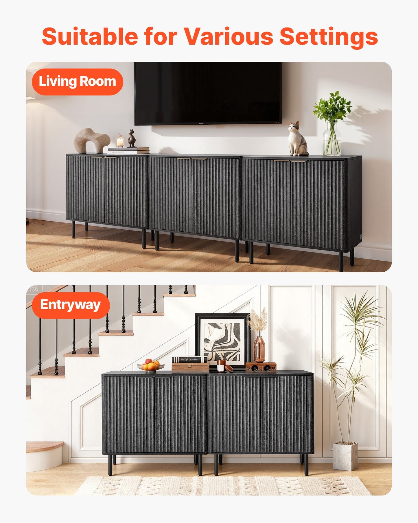 Coffee Bar Cabinet, Mid Century Fluted Coffee Bar Table with 2-Tier Storage, Buffet Stand Cabinet with Barn Door, Sideboard Buffet Station for Living Room, Entryway, 31.5 x 14.7 x 31.5 in, Black