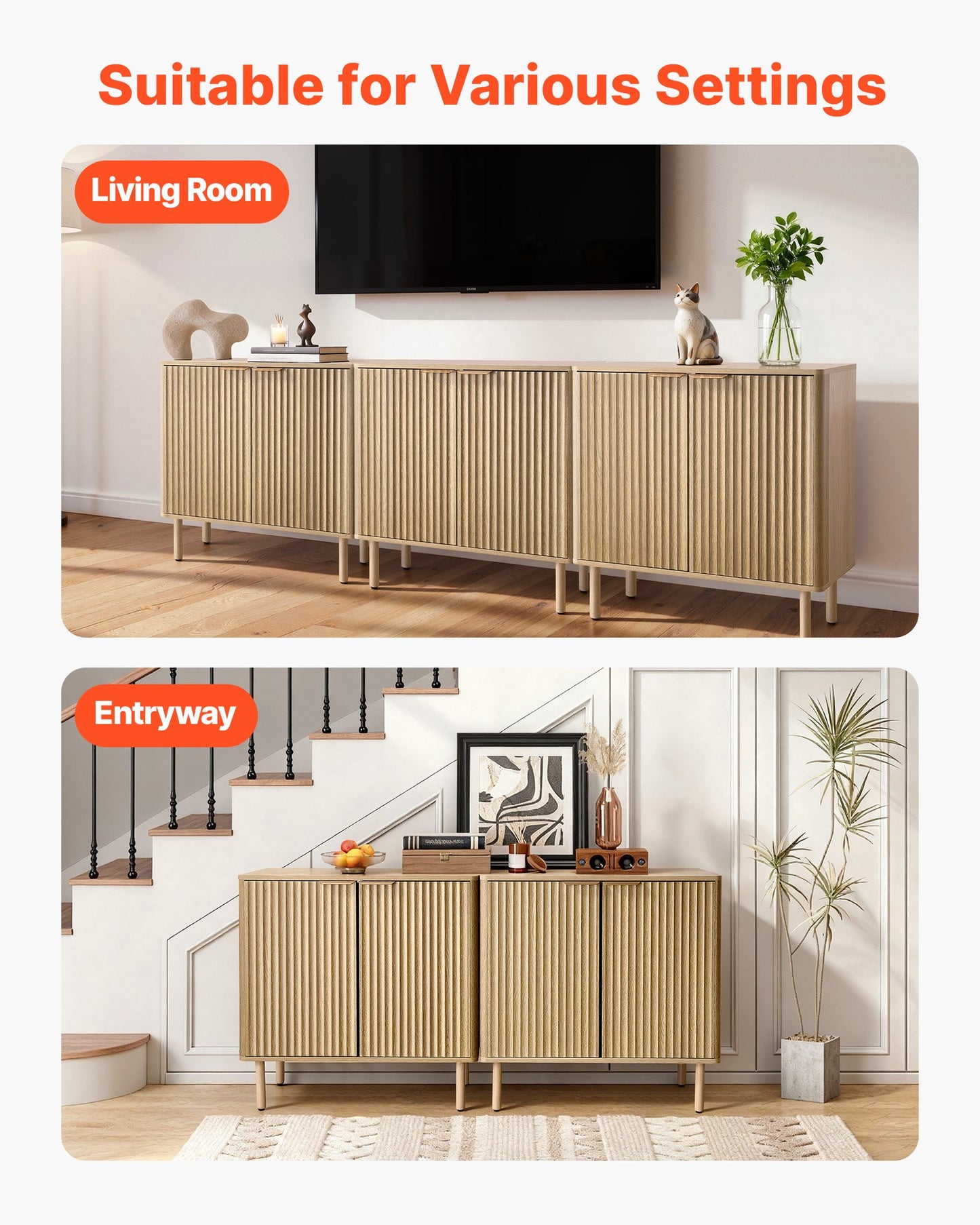 Coffee Bar Cabinet, Mid Century Fluted Coffee Bar Table with 2-Tier Storage, Buffet Stand Cabinet with 2 Barn Door, Sideboard Buffet Station for Living Room, Entryway, 31.5 x 14.7 x 31.5 in, Oak