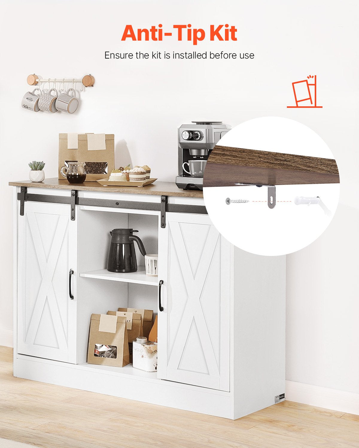 Coffee Bar Cabinet, 41.8 x 15.8 x 32.1 in Farmhouse Coffee Bar Cabinet with 3-Tier Storage, Coffee Bar Table with Barn Doors, Farmhouse Sideboard Buffet Cabinet for Living Room, Entryway