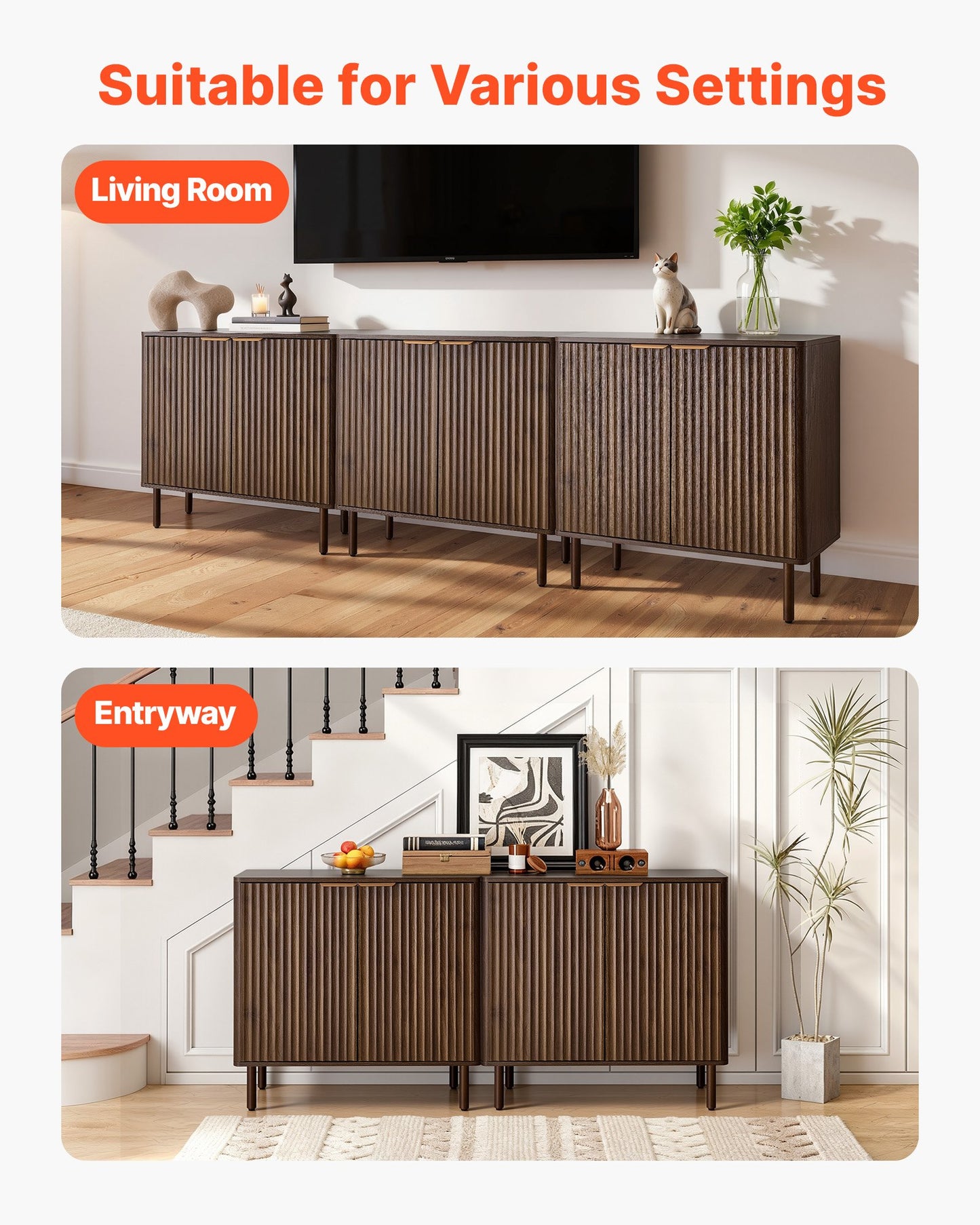 Coffee Bar Cabinet, Mid Century Fluted Coffee Bar Table with 2-Tier Storage, Buffet Stand Cabinet with Barn Door, Sideboard Buffet Station for Living Room, Entryway, 31.5 x 14.7 x 31.5 in Walnut