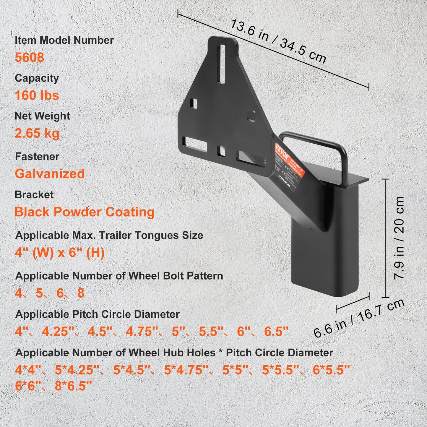 Spare Tire Carrier, Trailer Spare Tire Mount, 160 lbs Capacity, Utility Trailer Accessories Fits Most 4 & 5 & 6 & 8 Lugs Wheels on 4", 4.25", 4.5", 4.75", 5", 5.5", 6", 6.5" Bolt Patterns