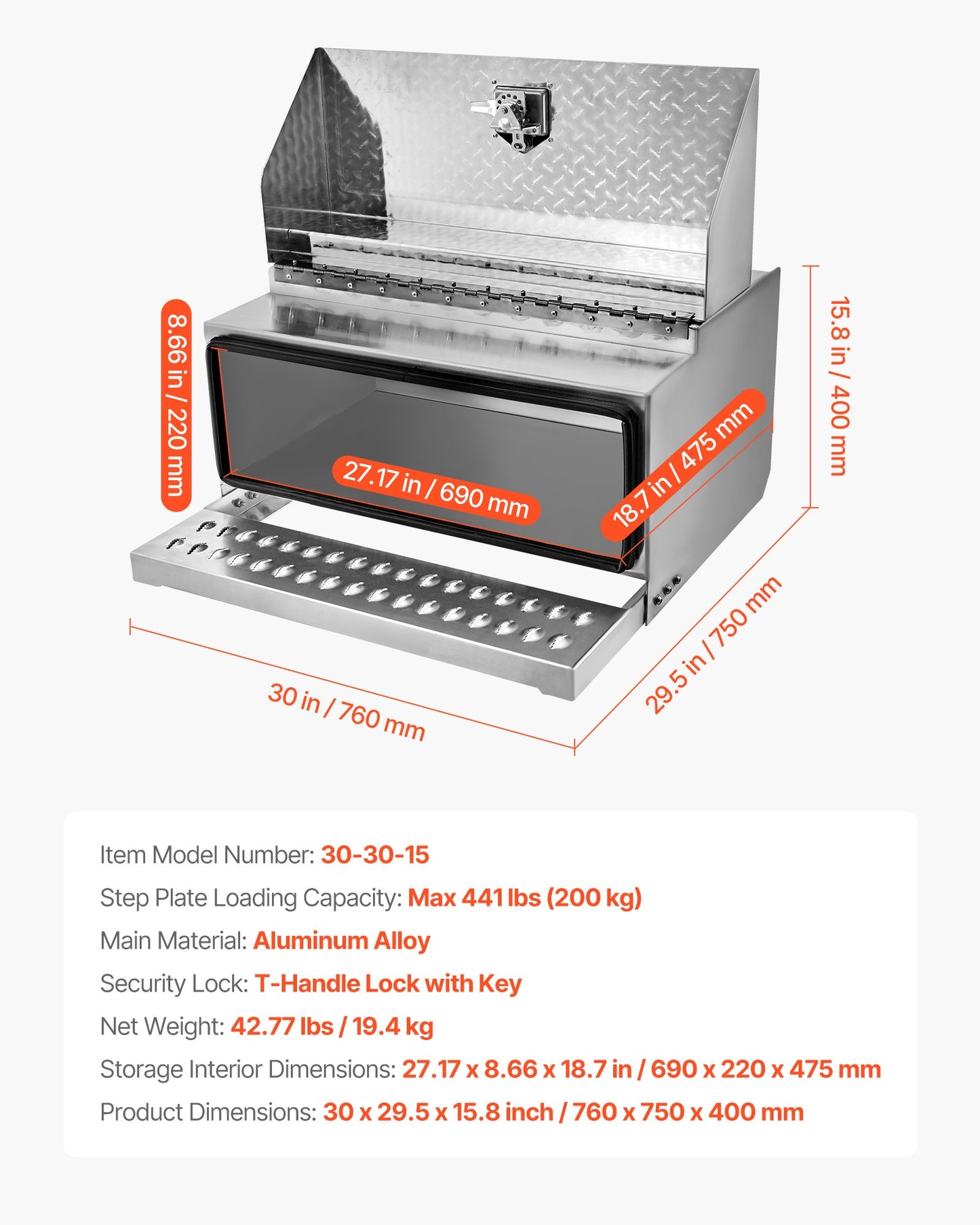 Semi-Truck Step Tool Box, 30" x 29.5" x 15.8" Heavy Duty Aluminum Diamond Plate Toolbox, Waterproof Cab Entry Step Storage Box with T-Handle Lock & Keys for Flatbed, Crane, and Semi Trucks