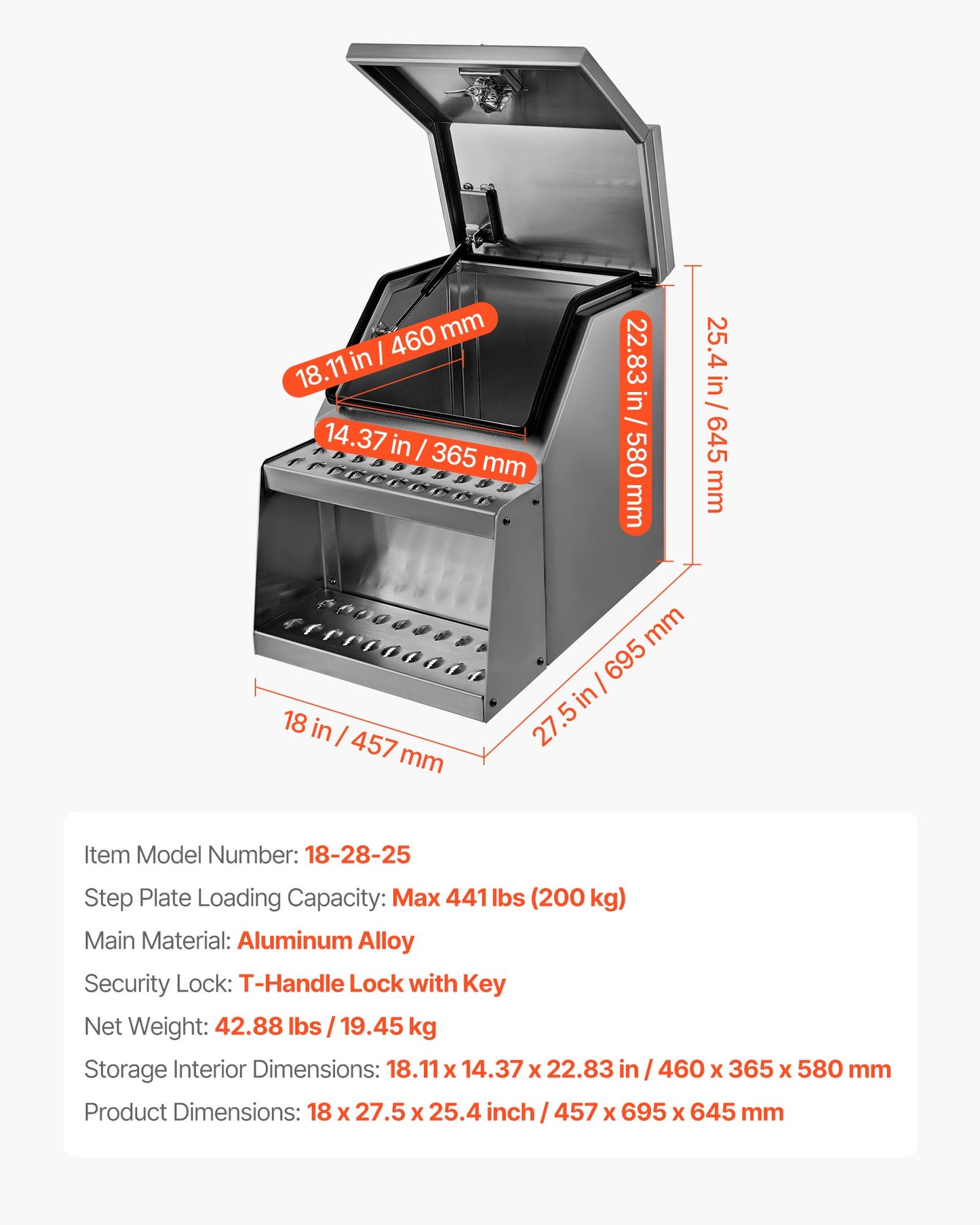 Semi-Truck Step Tool Box, 18" x 27.5" x 25.4" Heavy Duty Aluminum Toolbox Side Mount, Waterproof Side Storage Saddle Step Box with T-Handle Lock & Keys for Semi Trucks, Flatbed Trailers