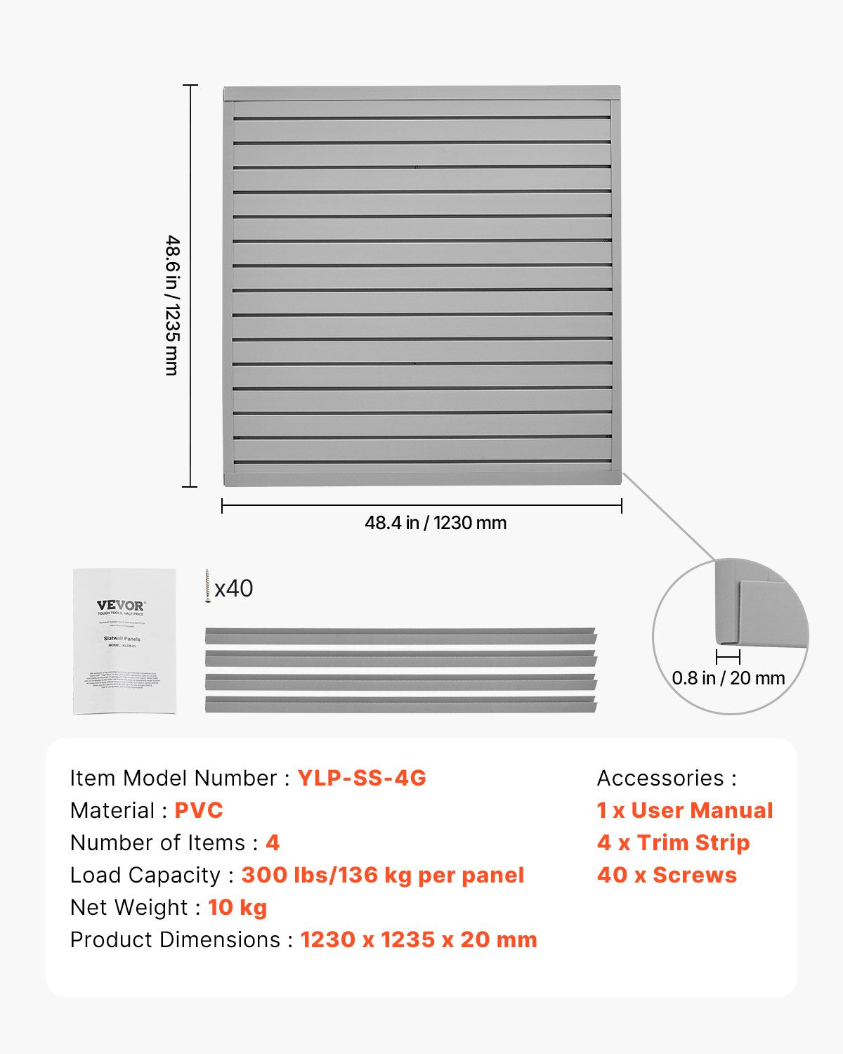 Slat Wall Paneling, 4 x 4 ft, PVC Garage Slatwall with Modular Design, Grey Slat Wall Easy-to-Install Adjustable Slatwall Panel with Coupling Structure & DIY Cutting, Fits for Storage & Display