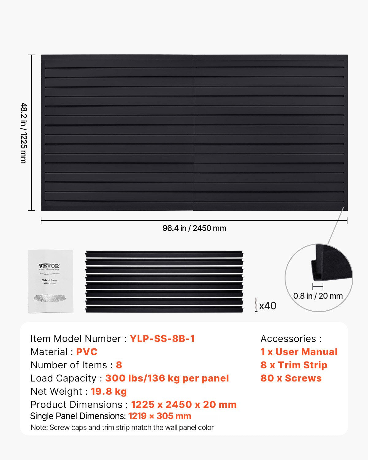 Slat Wall Paneling, 8 x 4 ft, PVC Garage Slatwall with Modular Design, Black Slat Wall Easy-to-Install Adjustable Slatwall Panel with Coupling Structure & DIY Cutting, Fits for Storage & Display