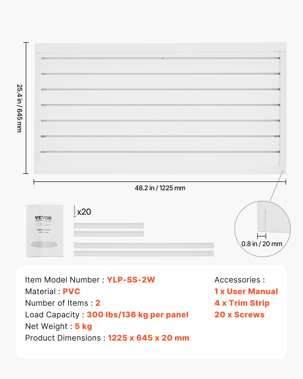 Slat Wall Paneling, 2 x 4 ft, PVC Garage Slatwall with Modular Design, White Slat Wall Easy-to-Install Adjustable Slatwall Panel with Coupling Structure & DIY Cutting, Fits for Storage & Display