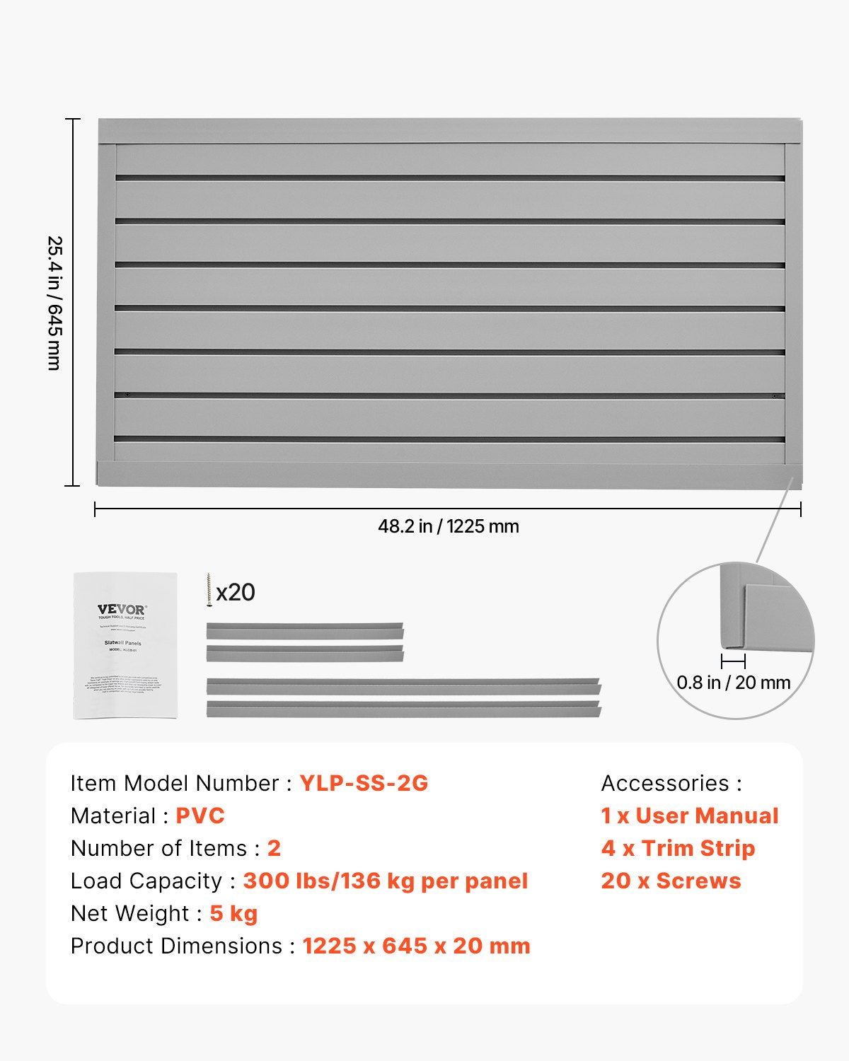Slat Wall Paneling, 2 x 4 ft, PVC Garage Slatwall with Modular Design, Grey Slat Wall Easy-to-Install Adjustable Slatwall Panel with Coupling Structure & DIY Cutting, Fits for Storage & Display