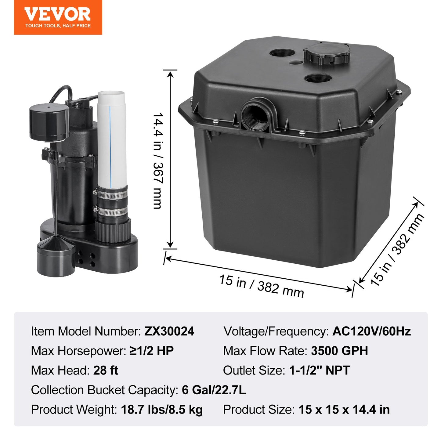 Utility Sink Pump, 1/2 HP, 120-Volt, 3500 GPH Flow, 28 ft Head, Under-Sink Sump Pump System with 6 Gallon Basin, Automatic Utility/Laundry Sink Pump, Drain Pump with 1-1/2" NPT Outlet, Black