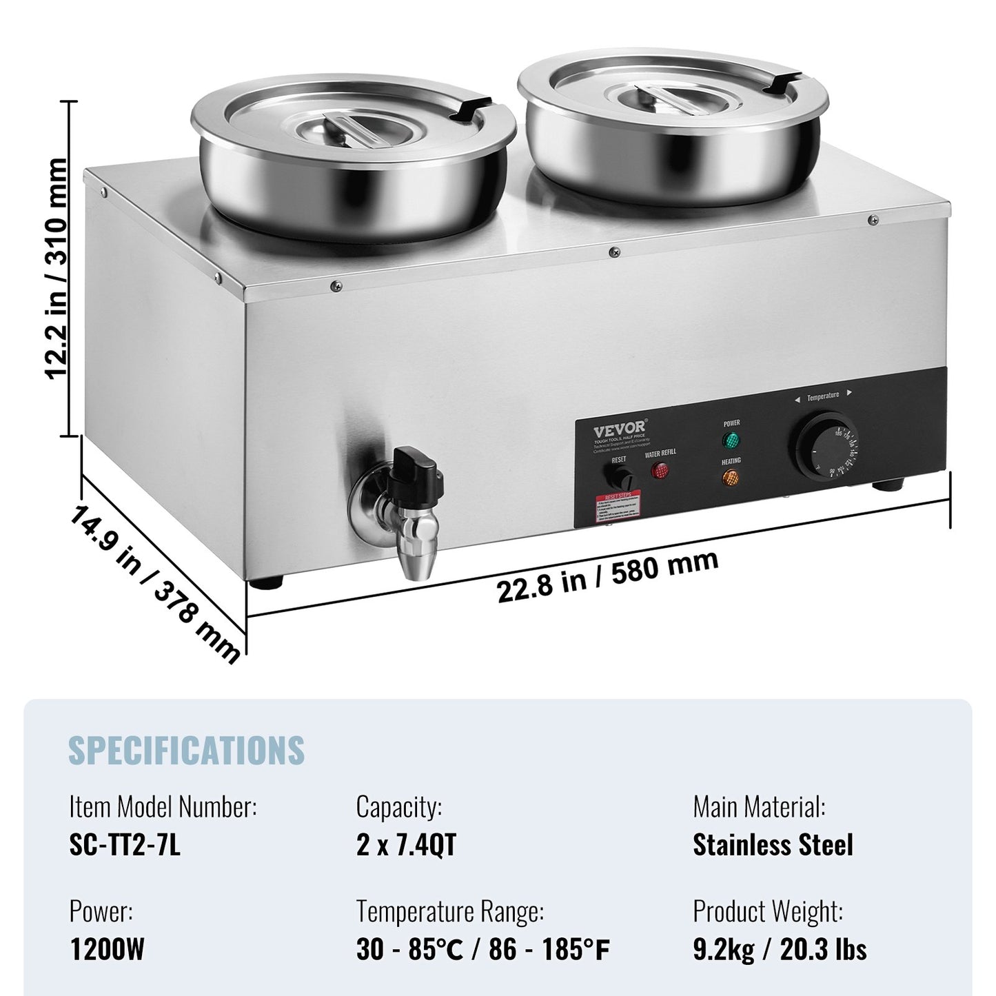 Electric Soup Warmer, Dual 7.4QT Stainless Steel Round Pot, 1200W Commercial Food Warmer, 86~185°F Adjustable Temp, Bain Marie with Anti-Dry Burn and Reset Button, for Restaurant, Buffet