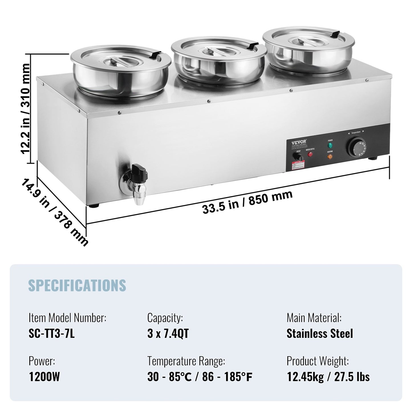 Electric Soup Warmer, Three 7.4QT Stainless Steel Round Pot, 1200W Commercial Food Warmer, 86~185°F Adjustable Temp, Bain Marie with Anti-Dry Burn and Reset Button, for Restaurant, Buffet