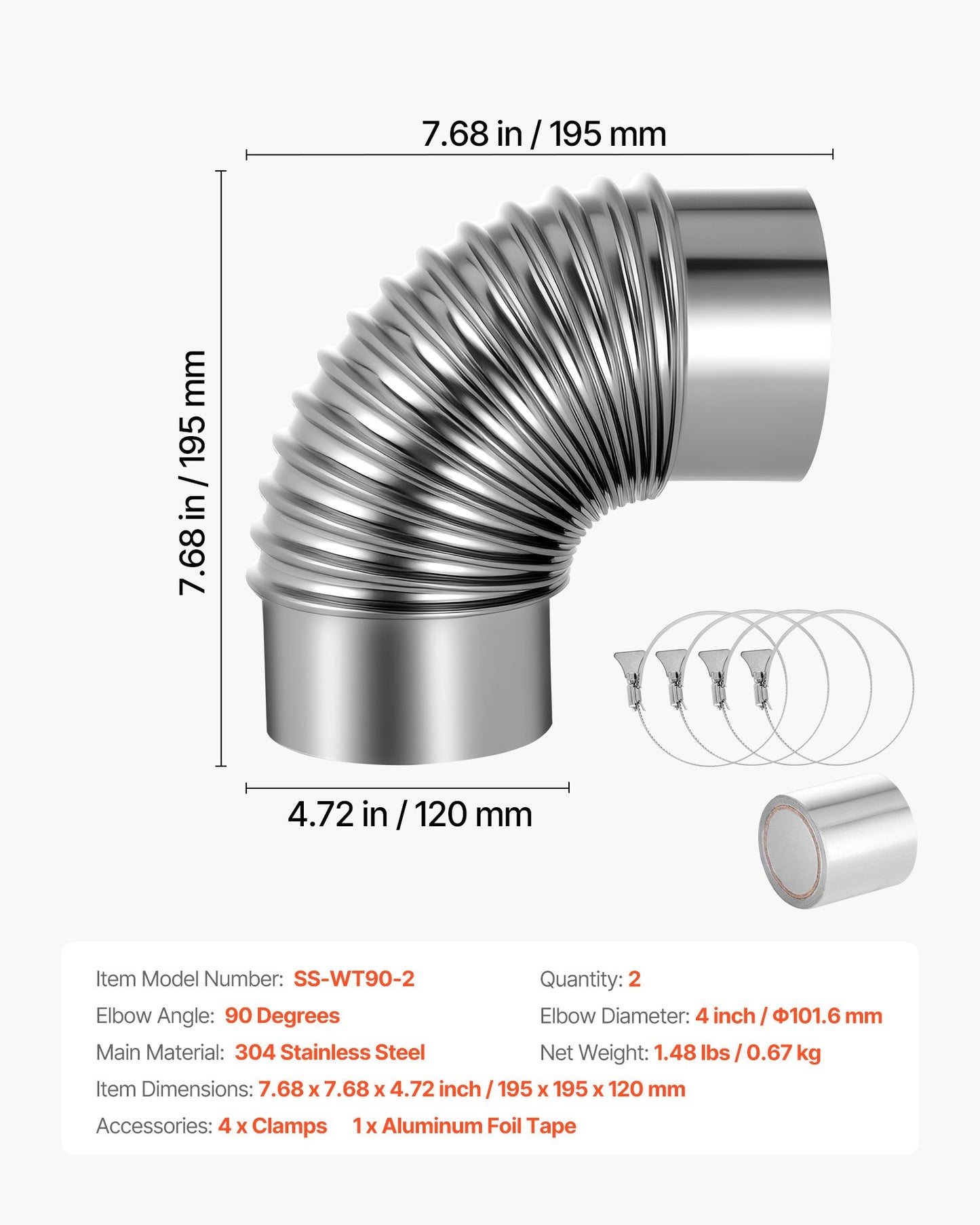2 Pack Dryer Vent Elbow, 90 Degree Hose Connector Kit for 4 Inch Duct, Stainless Steel Vent Elbows with 4 Clamps and Aluminum Foil Tape, for HVAC Ducts, Pipes, and Ductworks at Tight Space