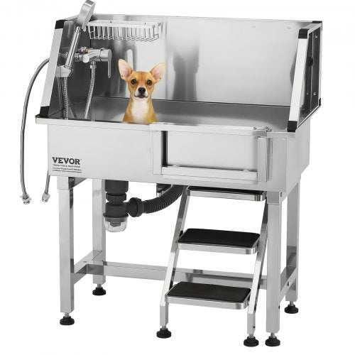 86.4 cm stainless steel dog grooming tub with steps, faucet, shower head | EU
