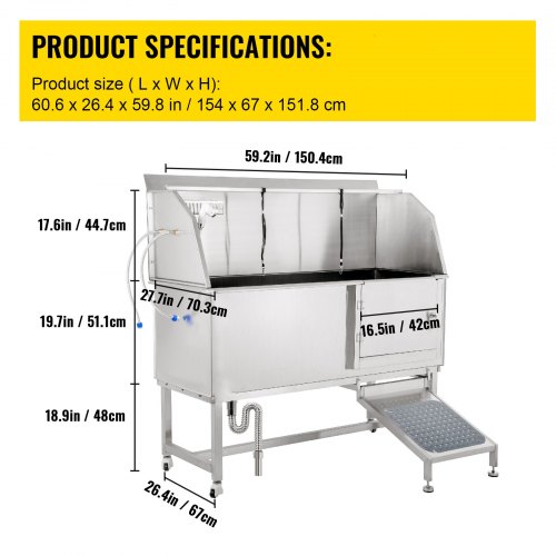 Hundepflegewanne, 62 Zoll R Haustierwaschstation, Haustierpflegewanne aus Edelstahl 304 mit einer Tragkraft von 661 Pfund, rutschfeste Hundewaschstation mit Rampe, Wasserhahn, Sprüher und Abflussset | EU