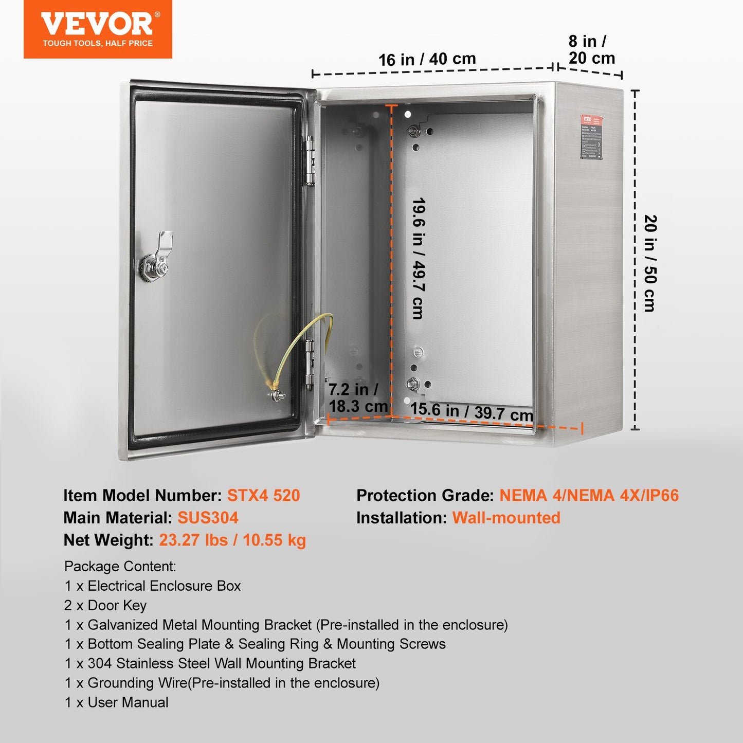 Steel Electrical Box, 20"x 16"x 8", 304 Stainless Steel Electrical Enclosure Box, Wall-Mounted Outdoor Electrical Electronic Equipment Enclosure with Mounting Plate Hinges Lock, IP66 Waterproof