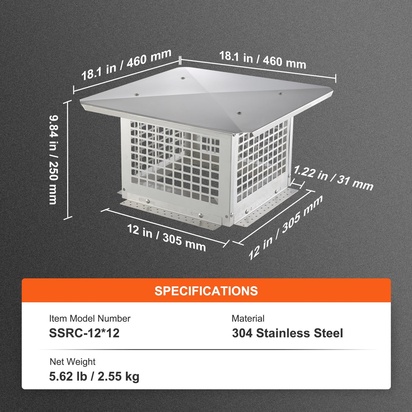 Chimney Cap, 12 x 12 inch, 304 Stainless Steel Fireplace Chimney Cover, Not Easily Toppled & Practical Accessories & Easy Installation, Fits Mesh Flue Covers Outside Clay Flue Shingles, Silver