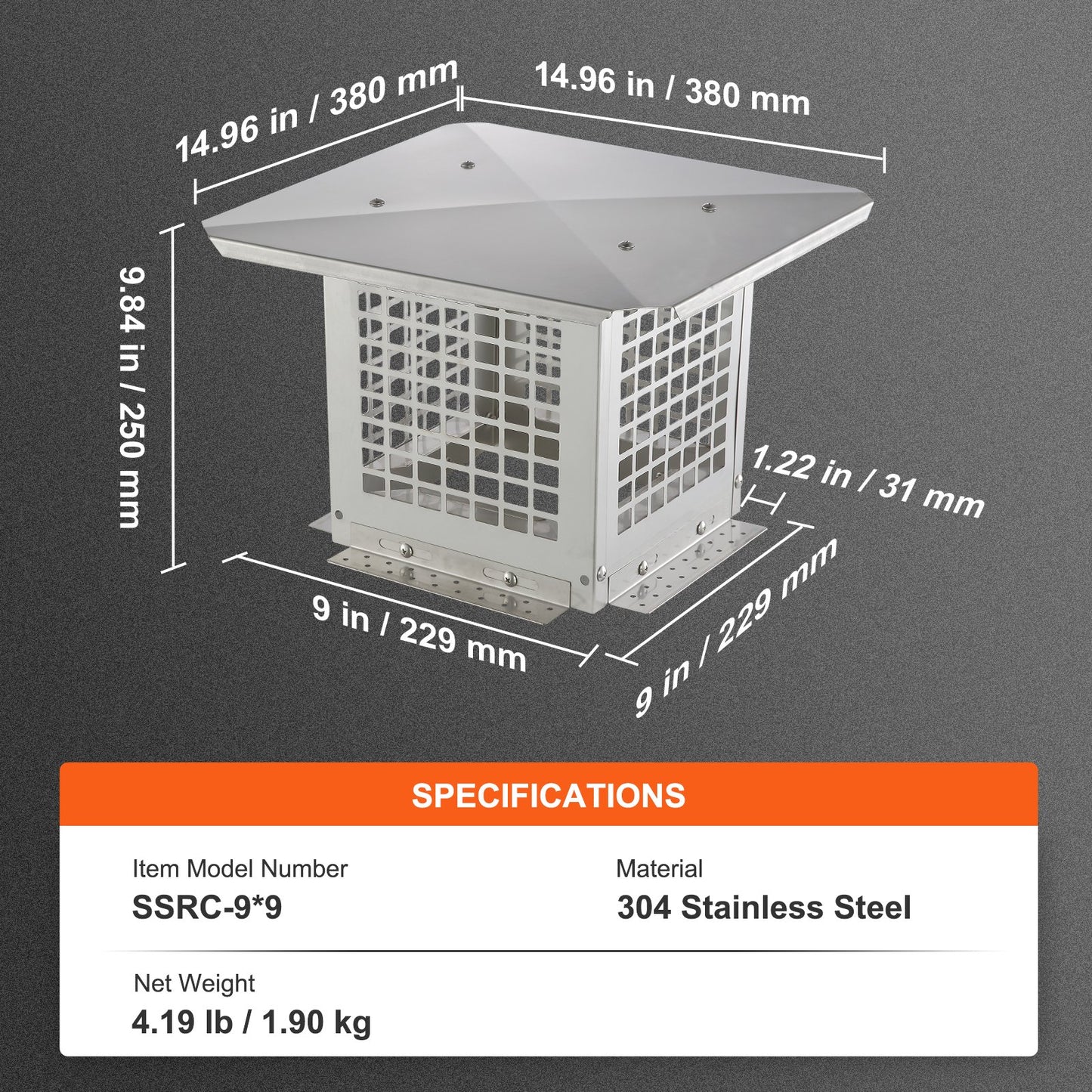 Chimney Cap, 9 x 9 inch, 304 Stainless Steel Fireplace Chimney Cover, Not Easily Toppled & Practical Accessories & Easy Installation, Fits Mesh Flue Covers Outside Clay Flue Shingles, Silver