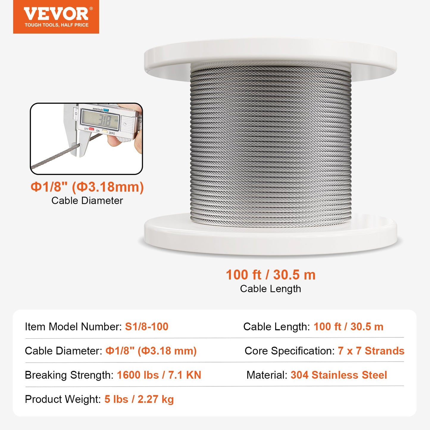 Wire Rope Kit, 1/8" 100 ft 304 Stainless Steel Cable with 124 Accessories, 1600 lbs Breaking Strength, 7x7 Strands Construction Marine Aircraft Grade for Handrail Stair Decking Fence Outdoors