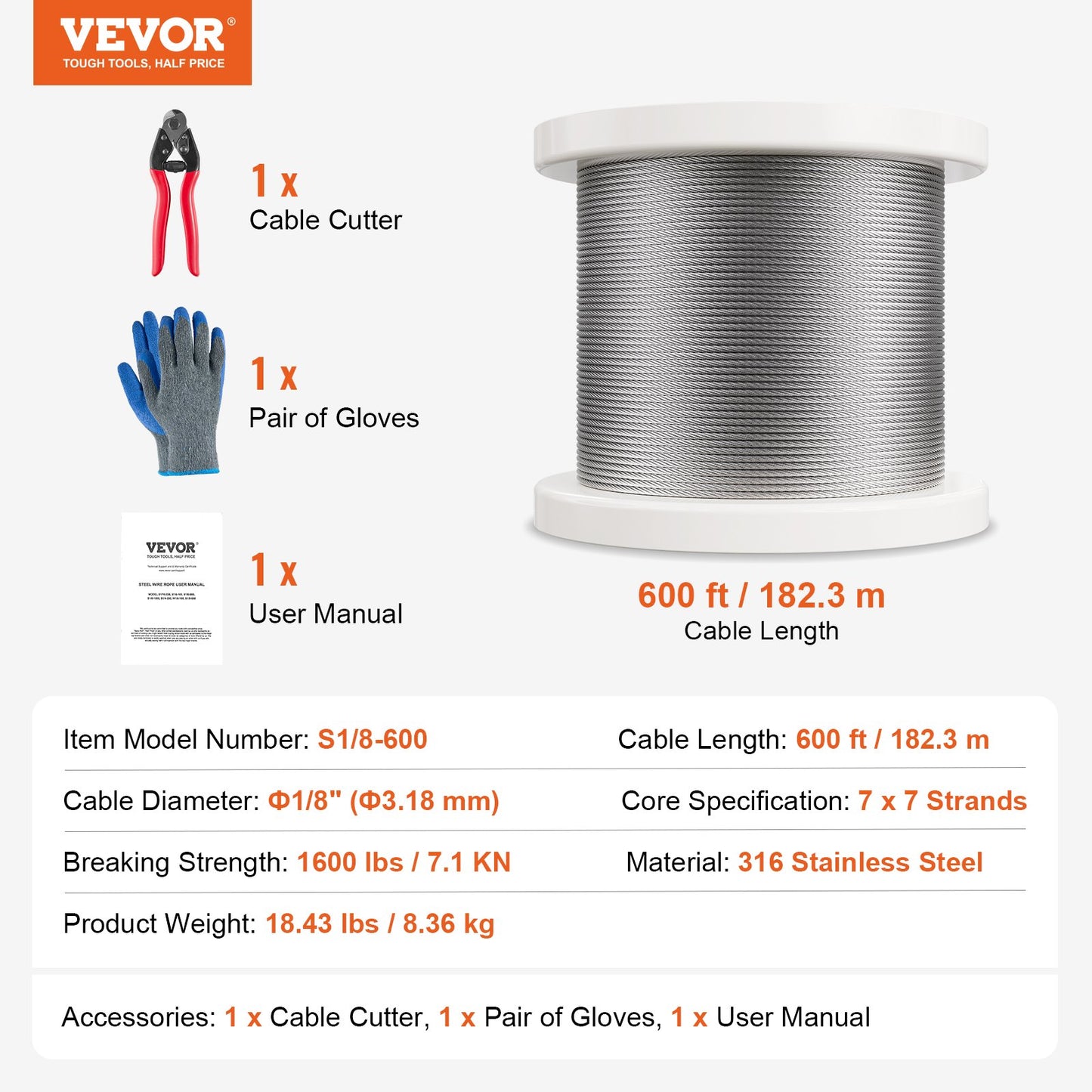 Wire Rope Kit, 1/8" 600 ft 316 Stainless Steel Cable with Cutter and Gloves, 1600 lbs Breaking Strength, 7x7 Strands Construction Marine Aircraft Grade for Handrail Stair Decking Fence Outdoors