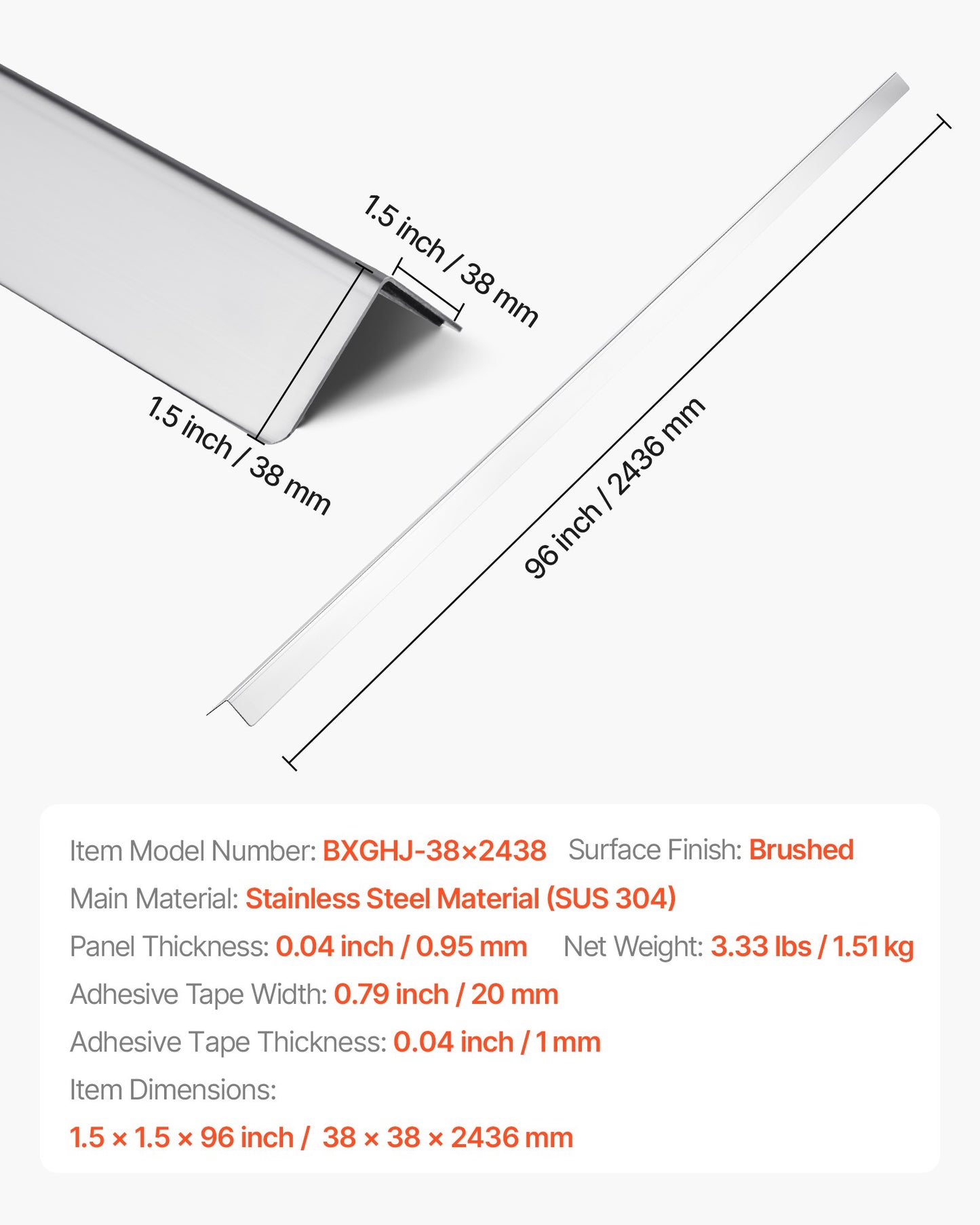 Stainless Steel Wall Corner Protector, 1.5 x 1.5 x 96 inch, 10 Pack Metal Corner Guards, 304 Stainless Steel Edge Trim 90-Degree Angle for Home,Office,Commercial Wall Protection, with 3m Tape