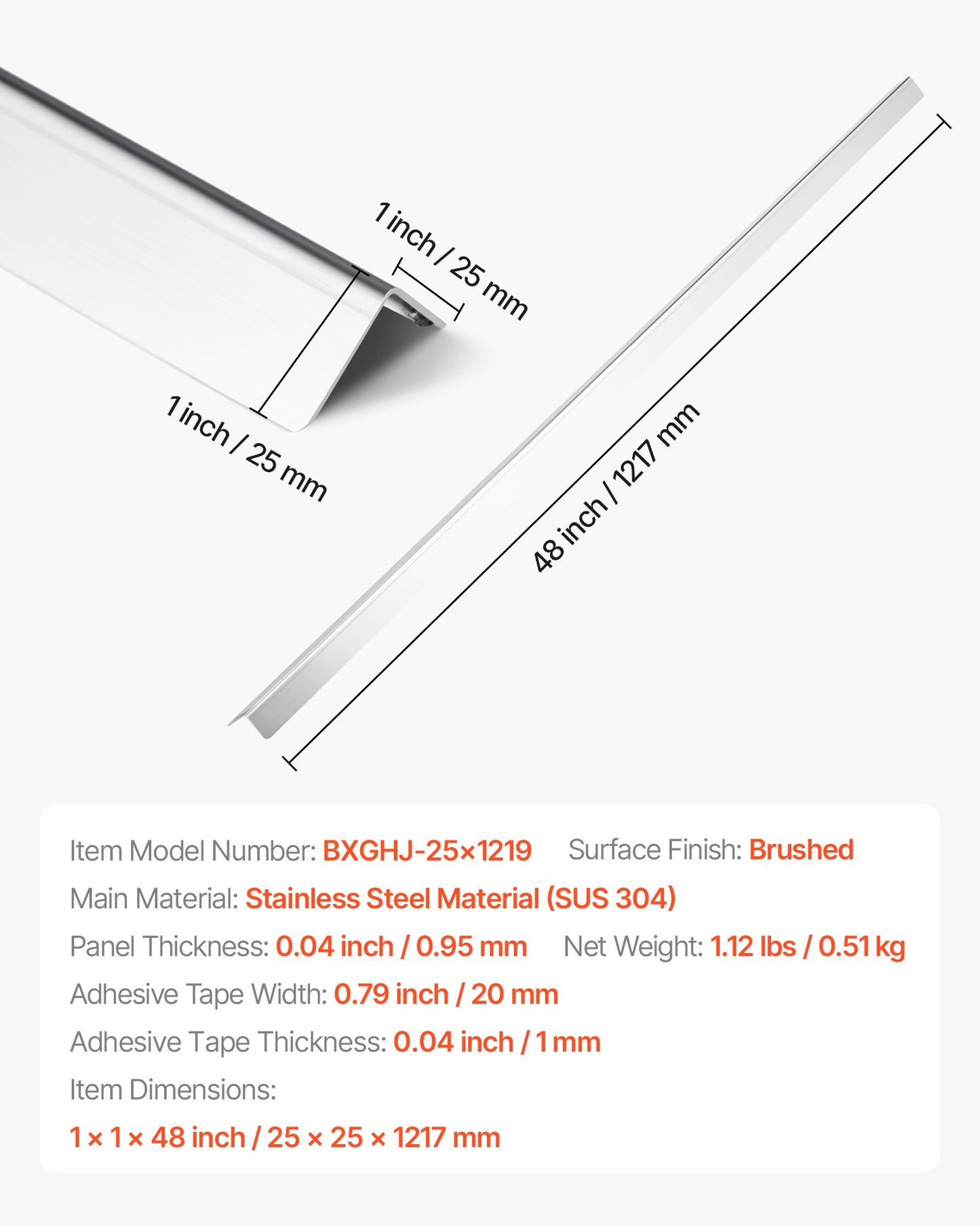 Stainless Steel Wall Corner Protector, 1 x 1 x 48 inch, 10 Pack Metal Corner Guards, 304 Stainless Steel Edge Trim 90-Degree Angle for Home,Office,Commercial Wall Protection, with 3m Tape