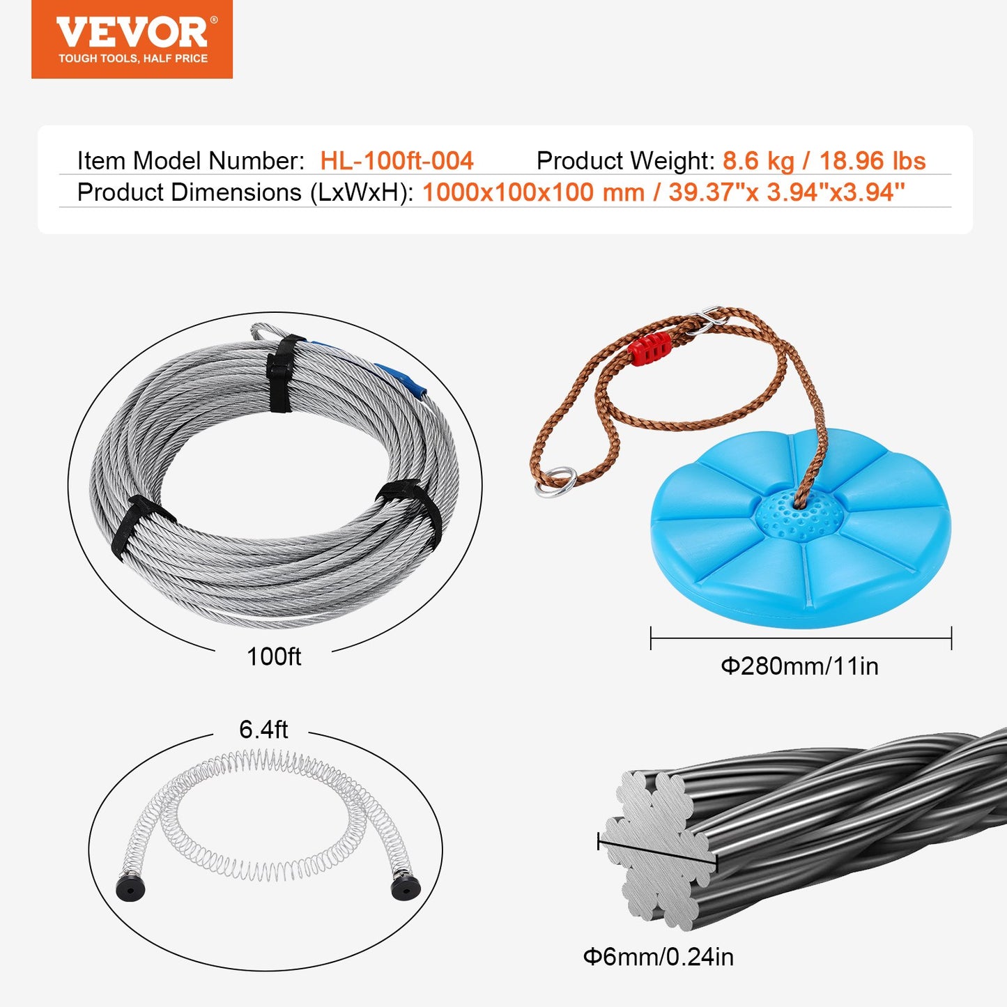 Zipline Kit for Kids and Adult, 100 ft Zip Line Kits Up to 500 lb, Backyard Outdoor Quick Setup Zipline, Playground Entertainment with Stainless Steel Zipline, Spring Brake, Safety Harness, Seat