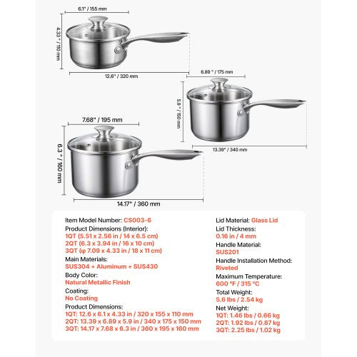 Kastrullset i rostfritt stål, 1 QT & 2 QT & 3 QT kastruller med glaslock, mångsidig nonstick-beläggning i rostfritt stål med ergonomiskt handtag, lämplig för ugn, diskmaskin, induktionshäll | EU