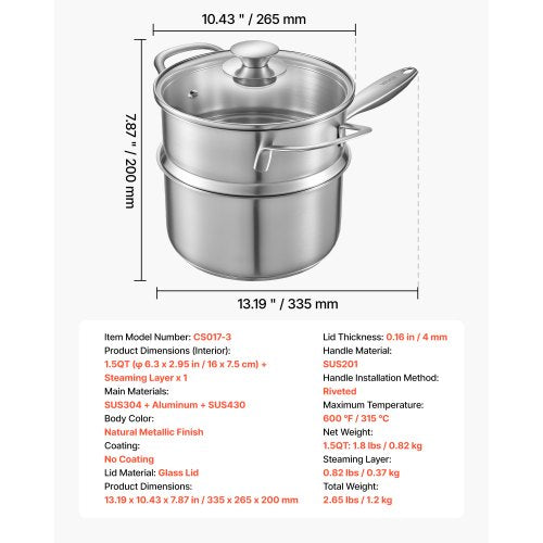 1,5 QT kastrull med ångkokare, kastrull i rostfritt stål med glaslock, multifunktionell nonstick-såsgryta i rostfritt stål med ergonomiskt handtag, lämplig för ugn, diskmaskin, induktionshäll | EU