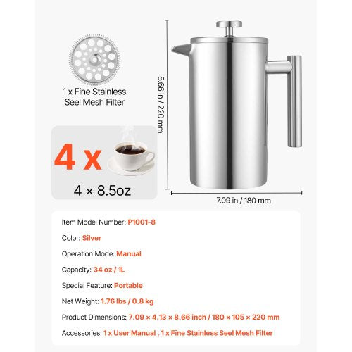 French Press coffee maker 1L stainless steel French Press silver | EU