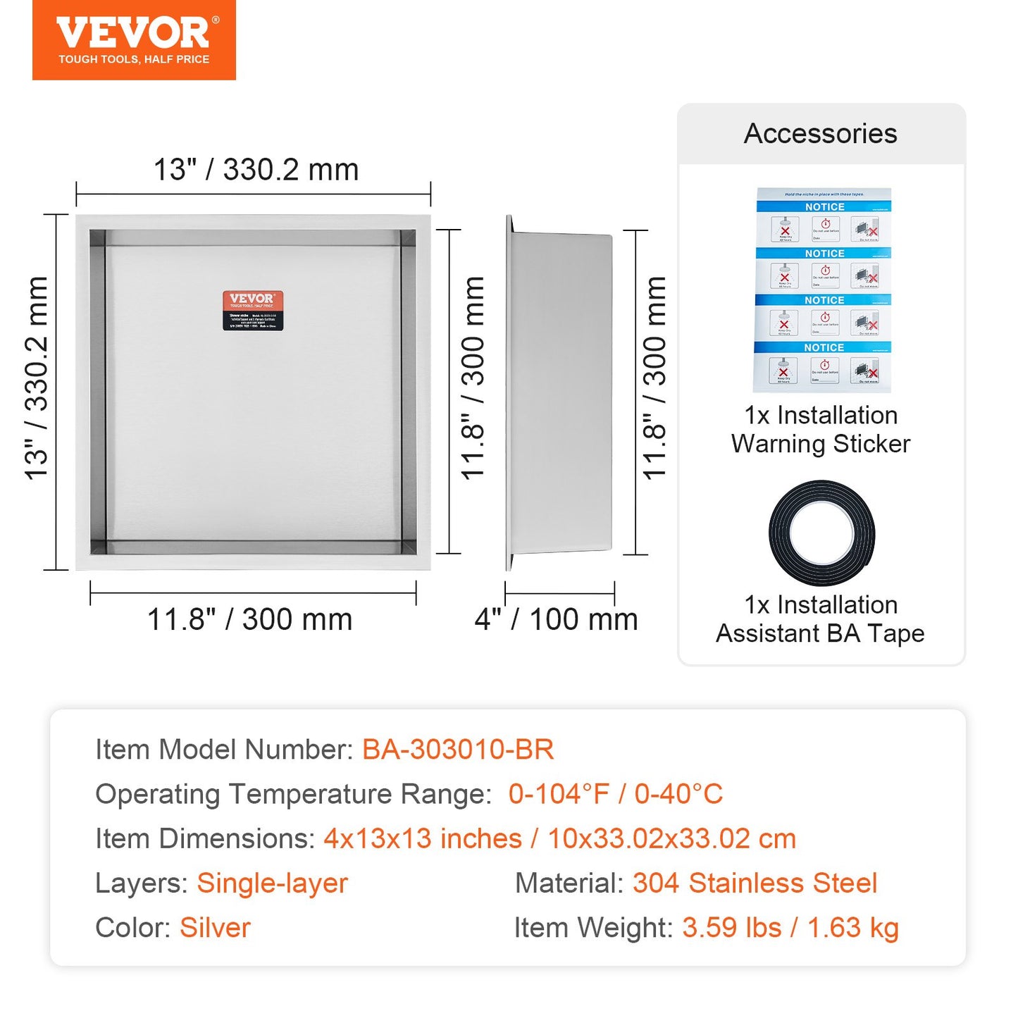 13"x13" No Tile Shower Niche 304 Stainless Steel, Wall-Inserted Niche Recessed Double Shelves, Sealed Waterproof Rust-Resistant Modern Niche for Shower Bathroom Soap Storage, Silver