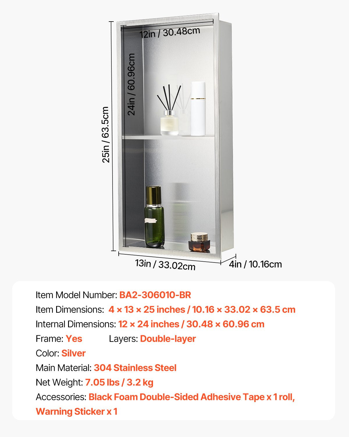 Shower Niche, 13 x 25 x 4 inch Recessed Wall Niche Double-layer, with Hollowed-out Divider,Heavy-duty Stainless Steel Modern Shampoo Storage Organizer,Waterproof, Silver for Bathroom