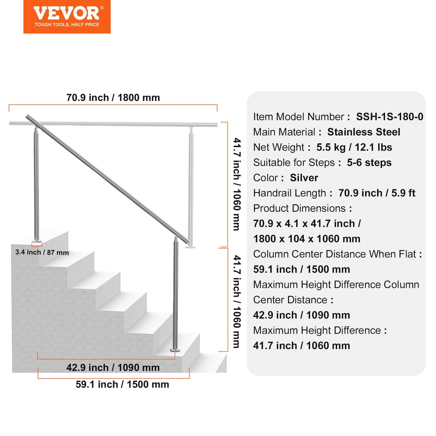 Handrails for Outdoor Steps, 70.9 in/ 180cm Length Stair Hand Rail Kit, Transitional Stainless Steel Railings with Installation Kit, Double-column Staircase Handrails for Seniors,Porch & Deck