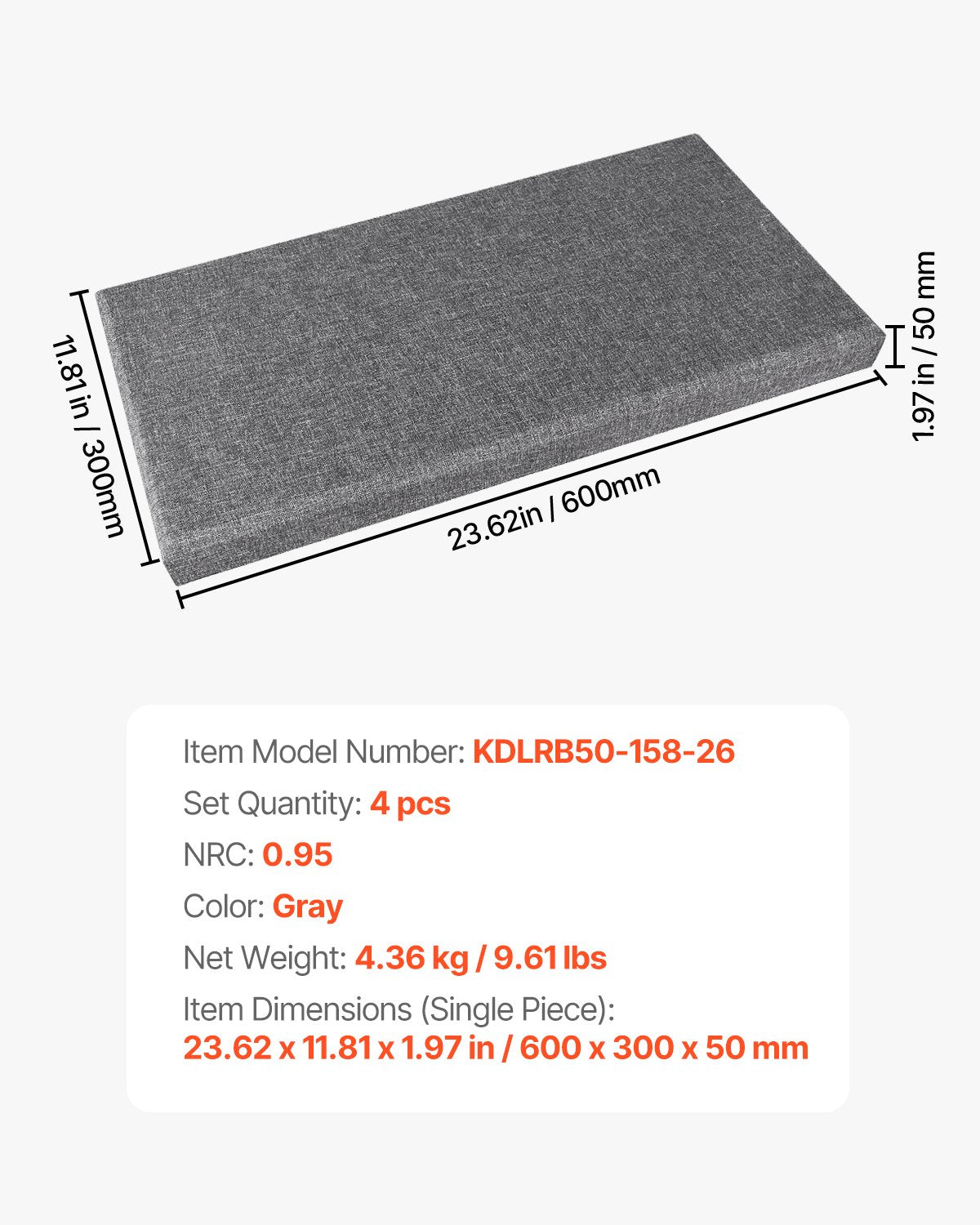 4 PCS Acoustic Panels, 2 inch Thick 23.6 x 11.8 inch Fiberglass Sound Absorbing Panels, Self-adhesive Soundproof Wall Boards, for Studios, Office, Home Theater,Meeting Room, Gray