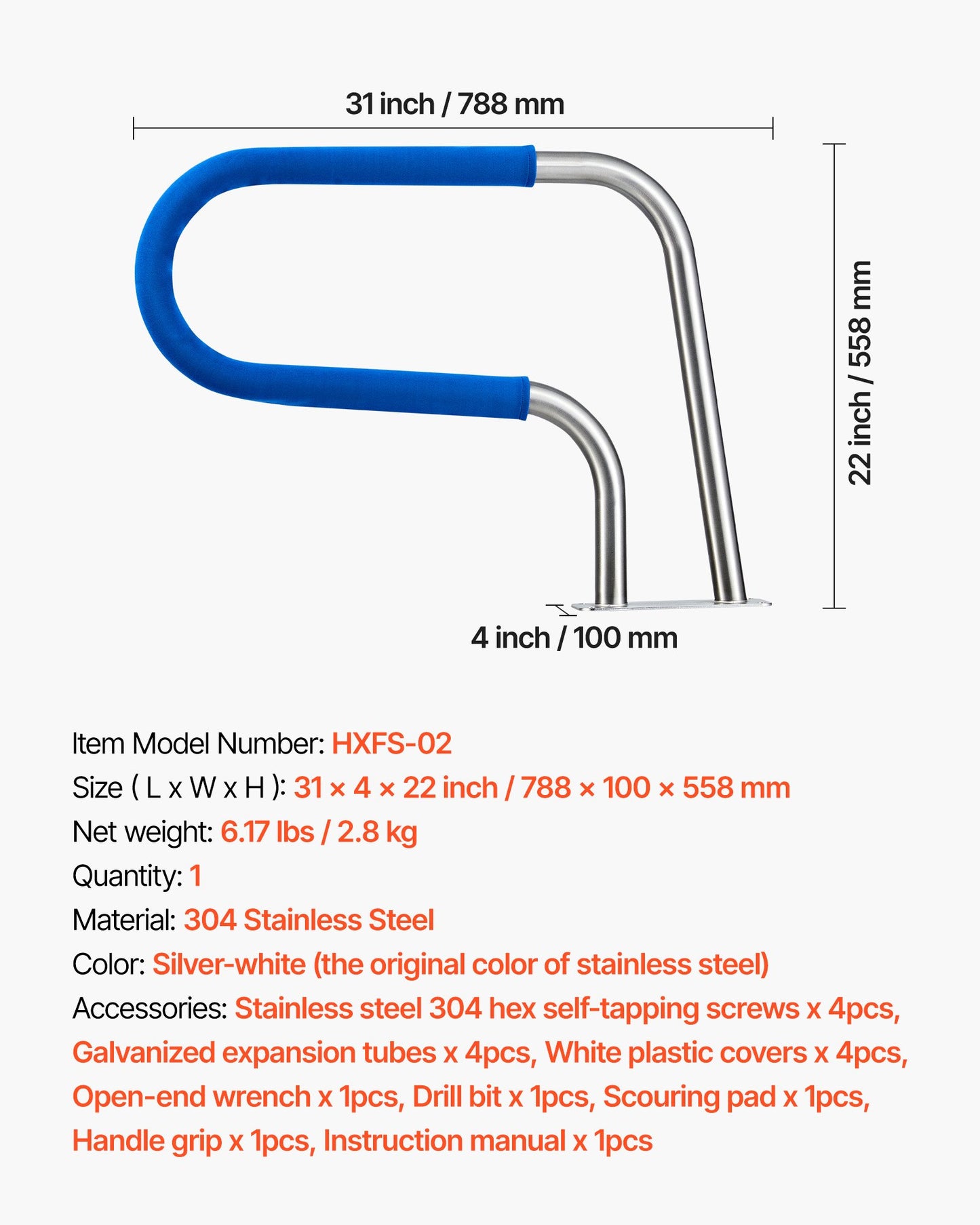 Pool Rail, 31 x 22 inch Pool Handrail, 220 lbs Load Capacity Heavy Duty 304 Stainless Steel Swimming Handrail, Detachable Nonslip Sleeve, Rich Accessories, for Poolside, Water Parks, Spa Centers