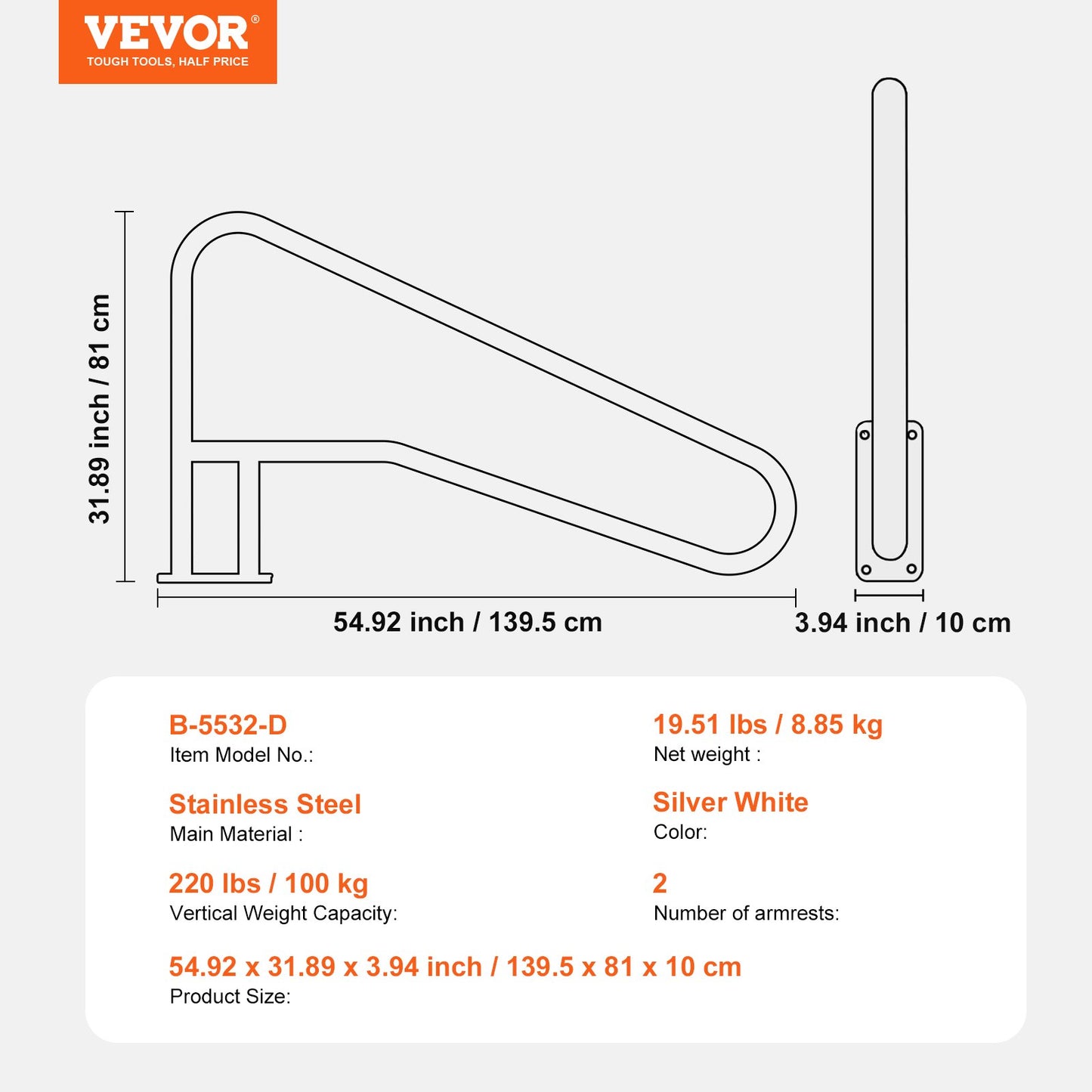 Pool Handrail, 2 PCS 55 x 32 inch Pool Railing, Stainless Steel with Base Plate for Indoor/Outdoor Pools,Swimming Pool Railing for Decks,Rust-Proof Grab Bar w/ Grip Cover&Accessories for Spas