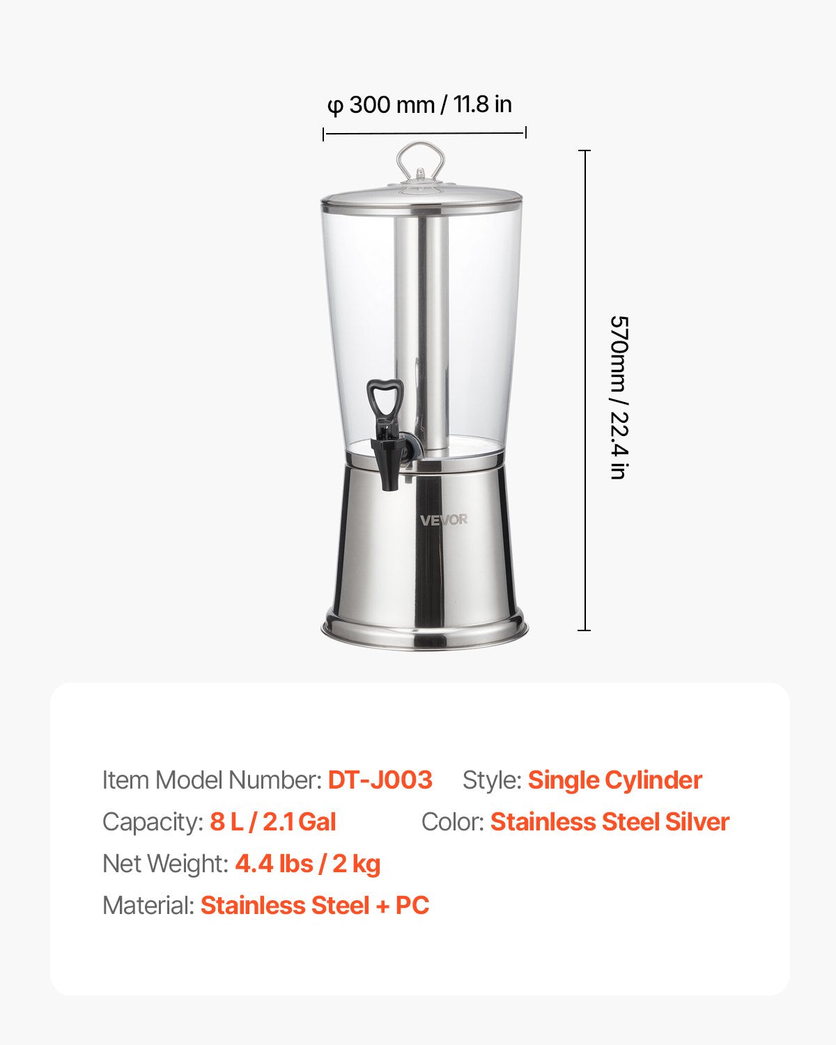 Beverage Dispenser, 2.1 Gallon Drink Dispenser for Parties, Stainless Steel + Plastic Juice Dispensers with Spigot Ice Chamber, Iced Tea Lemonade Juice Water Dispensers, for Restaurants, Hotels