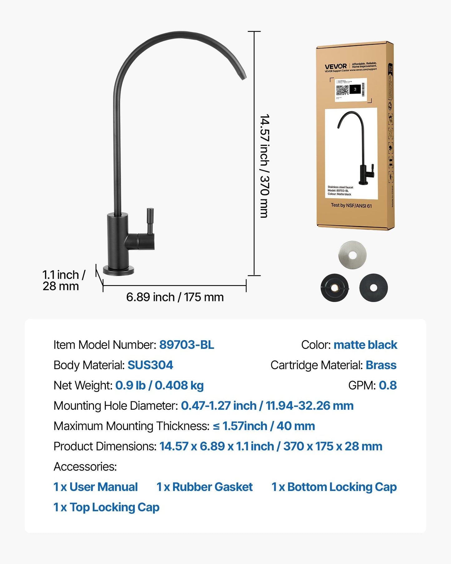 Stainless Steel Faucet, Lead-Free Water Purifier Faucets, Reverse Osmosis Faucet with Solid Brass Valve, High Arch Drinking Water Faucets For Kitchen Sink, Bar Counter, Cafe Shop, Matte Black