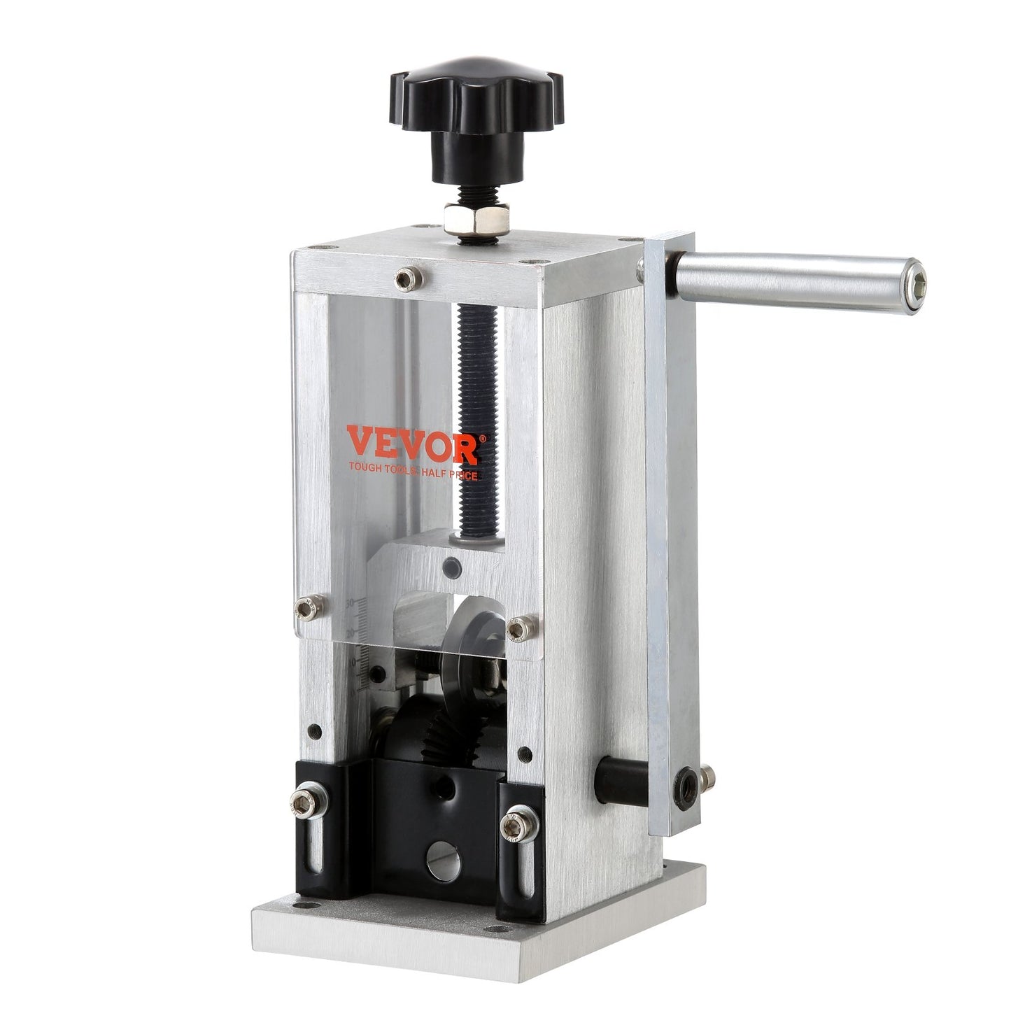 Manual wire stripping machine, 0.06''-1.18'' copper stripper with hand crank or drill drive, visible stripping depth reference, portable aluminum frame wire stripper for scrap copper recycling