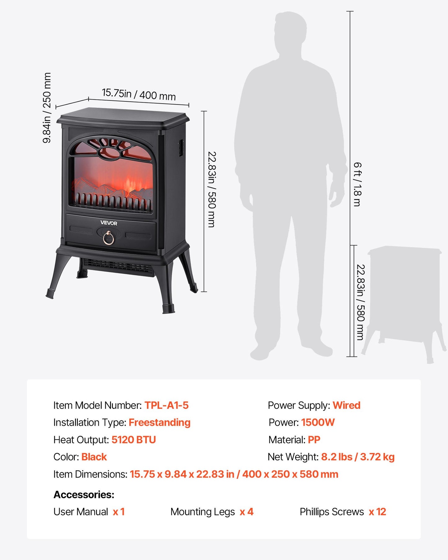 22.8inch Freestanding Fireplaces, 1500W 5120BTU Portable Electric Fireplace Stove Heater, with Overheating Protection,Realistic Flames,for Living Room,Bedroom,Study,Dining Room Warmth,Black
